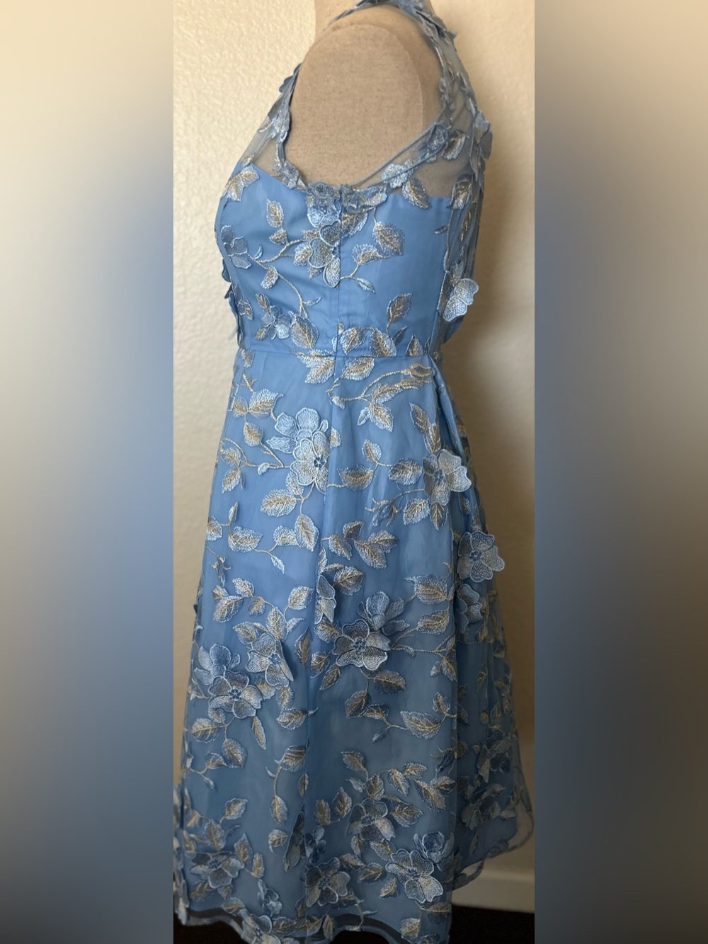 Adrianna Papell Light Blue Floral Appliqué Illusion Neck Midi Dress - Picture 8 of 13